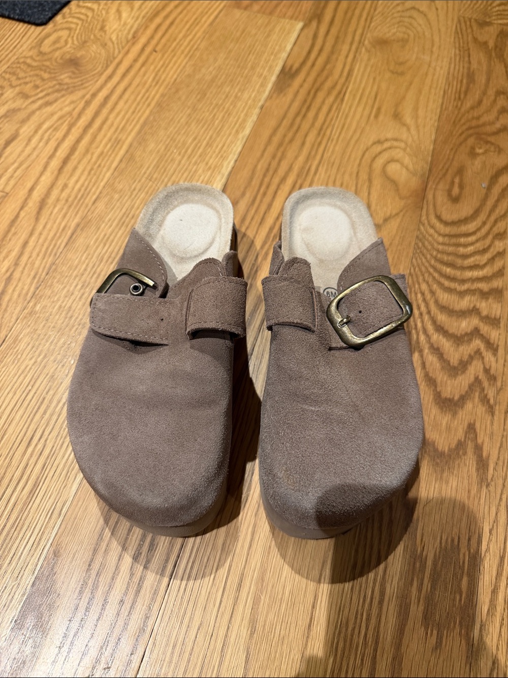 Cushionaire Suede platform Slip-On Clogs with Adjustable Buckle in Taupe